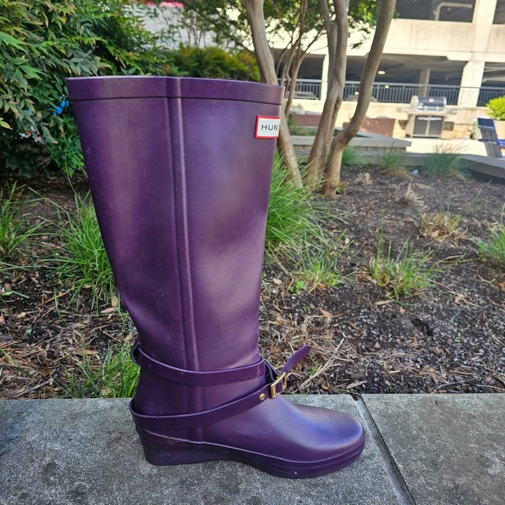 Hunter Andora Rain Boots Womens 7 Purple Wedge Tall Buckle Waterproof Twee 23954